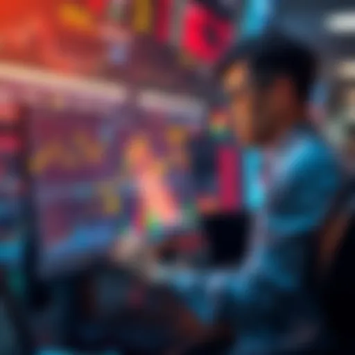 A trader analyzing a new token listing on a computer screen with graphs and charts showing volatility, liquidity, and trading volume.