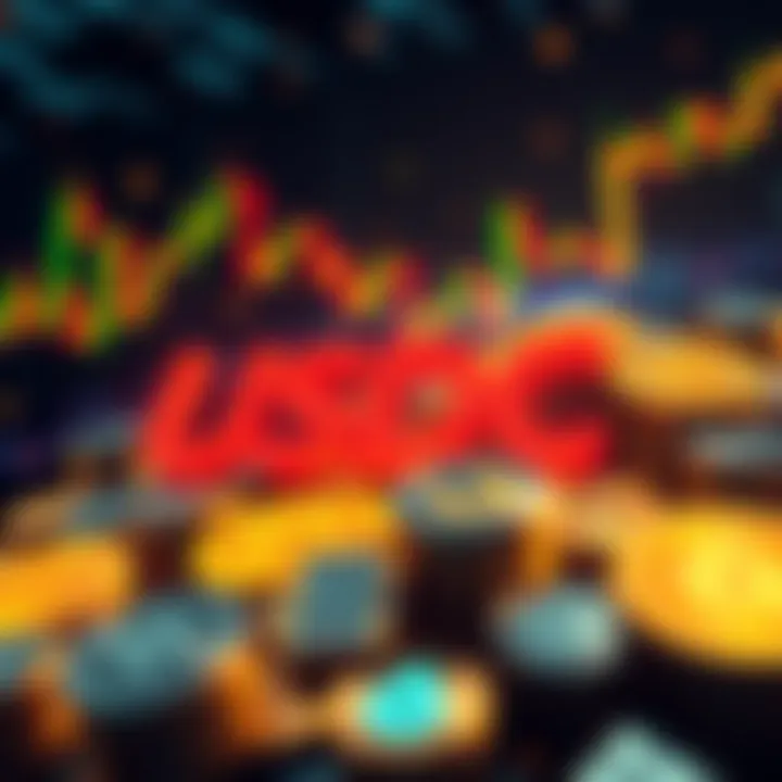 A visual representation of digital currency trading with USDC prominently displayed among various cryptocurrency icons.