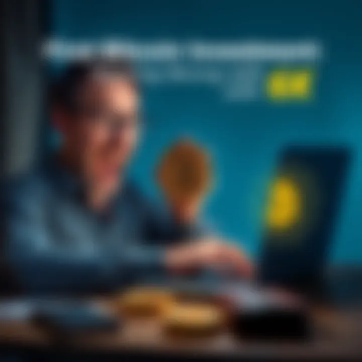 New Bitcoin Investor A person looking excited while checking their Bitcoin investment on a laptop, with a wallet and cryptocurrency symbols nearby.