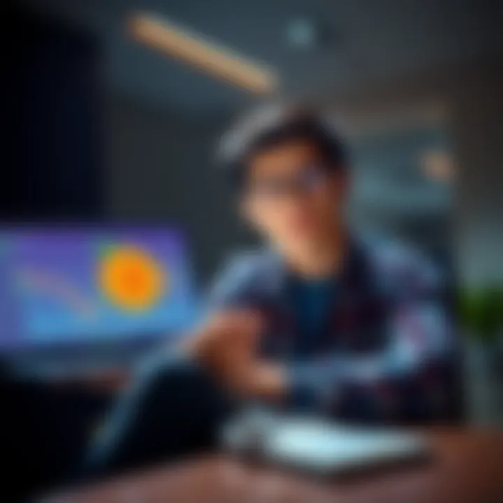 New Bitcoin Investor Seeking Advice A young investor in their mid-20s looking at a Bitcoin chart on a laptop, with a thoughtful expression and a notepad beside them for notes.