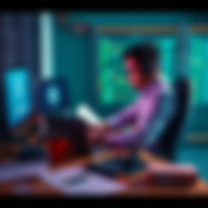 A beginner developer sitting at a desk, working on a laptop with Solana logo on the screen, surrounded by notes and legal documents.