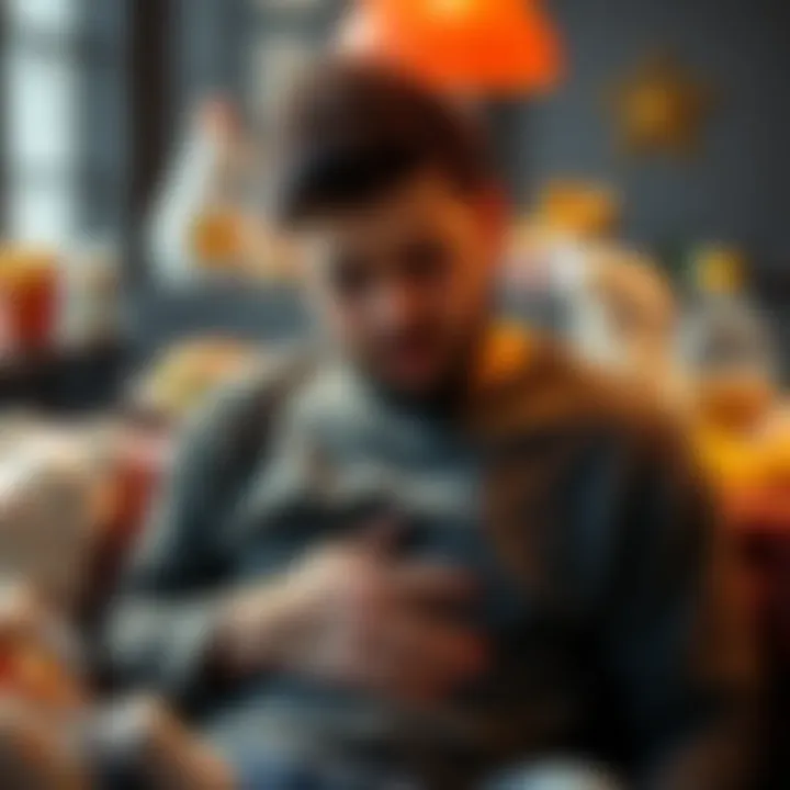 A tired new dad holding his stomach, looking concerned about hunger while surrounded by baby items and fast food.
