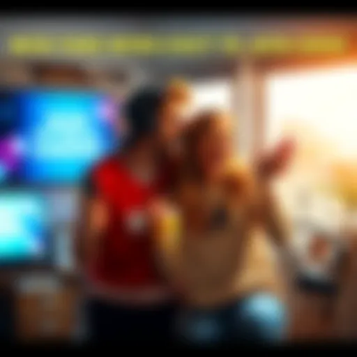 A couple sharing their excitement about Good Mythical Morning, surrounded by fun GMM merchandise and a TV showing the show.