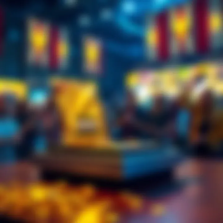 A shiny gold pack displayed on a table with excited fans looking on.