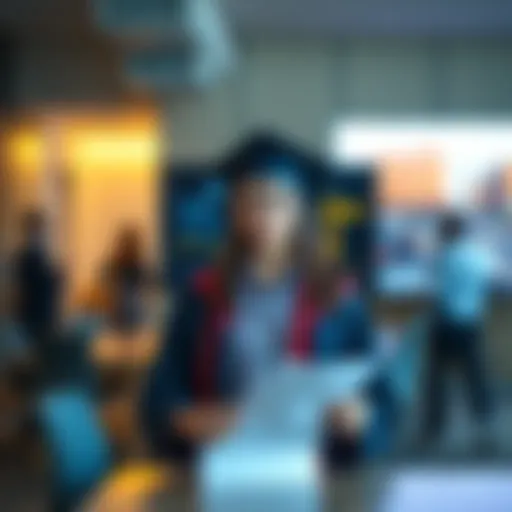 A recent college graduate stands in a conference room looking anxious while holding presentation notes, with a large screen ready for their talk, hints of a busy office in the background.