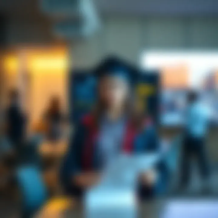 A recent college graduate stands in a conference room looking anxious while holding presentation notes, with a large screen ready for their talk, hints of a busy office in the background.