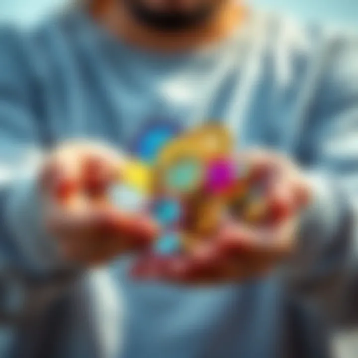 A person holding colorful tokens and alternatives while discarding diamonds, symbolizing a shift in investment preferences.