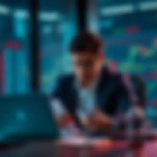 A concerned new investor sitting at a desk, looking at stock charts and financial reports, appears troubled after losing money on aggressive investments.