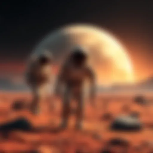 New residents in spacesuits exploring the Martian surface with Earth in the background