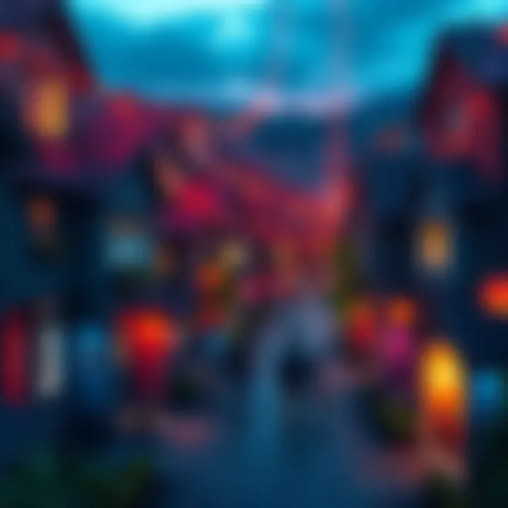 A newly added parcel in a zigzag neighborhood with colorful decorations and people gathering, celebrating community growth.
