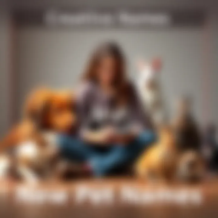 A person sitting on the floor surrounded by various playful pets, brainstorming creative names for them. There are a dog, a cat, and a rabbit playing together while the person smiles and writes down i...