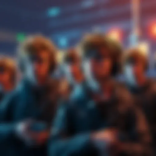 A group of new players looking worried as they watch experienced players with impressive gear