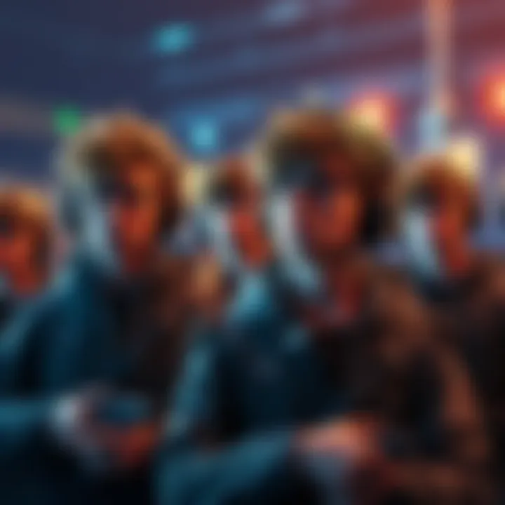 New players feeling anxious about their game journey A group of new players looking worried as they watch experienced players with impressive gear