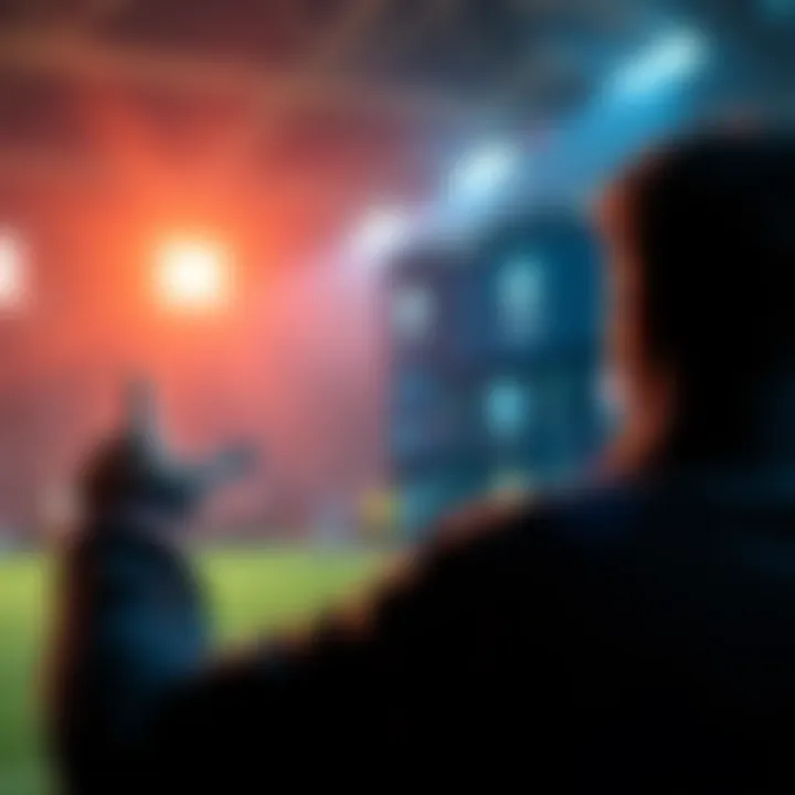 A person excitedly making sports predictions on a digital platform with sports icons in the background.