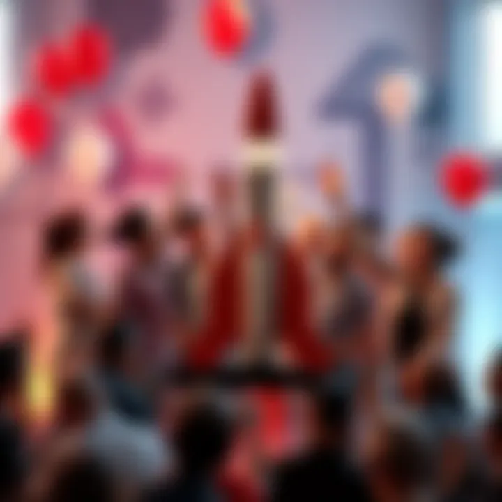 A group of excited people gathered around a rocket model, celebrating the launch of a new project, with balloons and banners in the background.