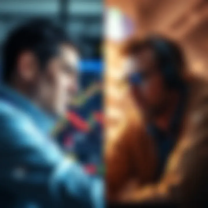 A split image showing a cautious new trader looking at charts on one side and a confident experienced trader making bold moves on the other side.