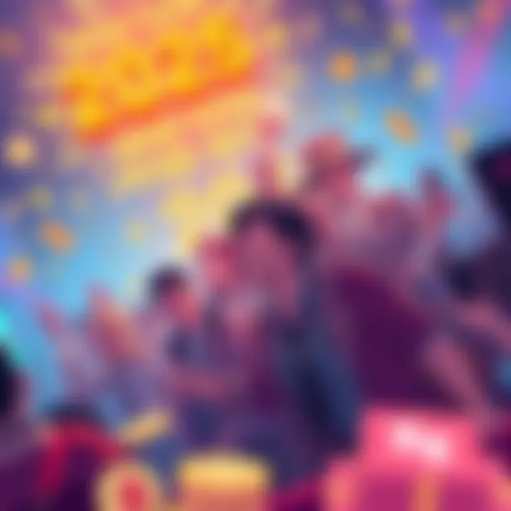 Festive illustration of traders celebrating the New Year HODL Rush with crypto symbols and rewards in the background.