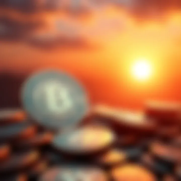 A digital representation of HBAR coins with a bright sunrise in the background, symbolizing new beginnings and opportunities for the year ahead.