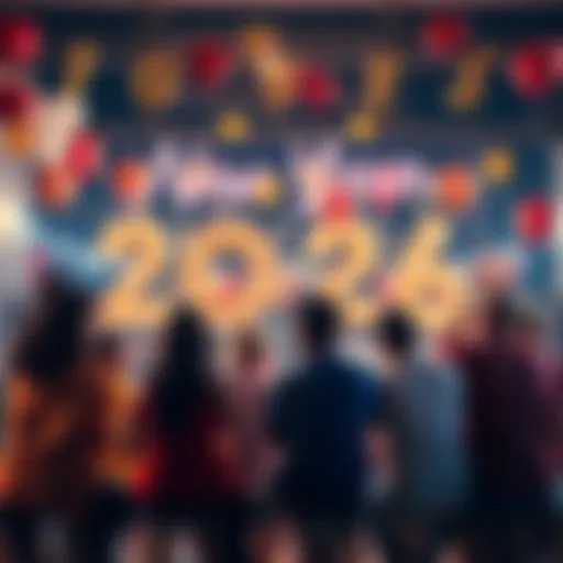 A group of diverse people sitting together, sharing thoughts and hopes for the new year 2026, with a festive background of balloons and decorations.