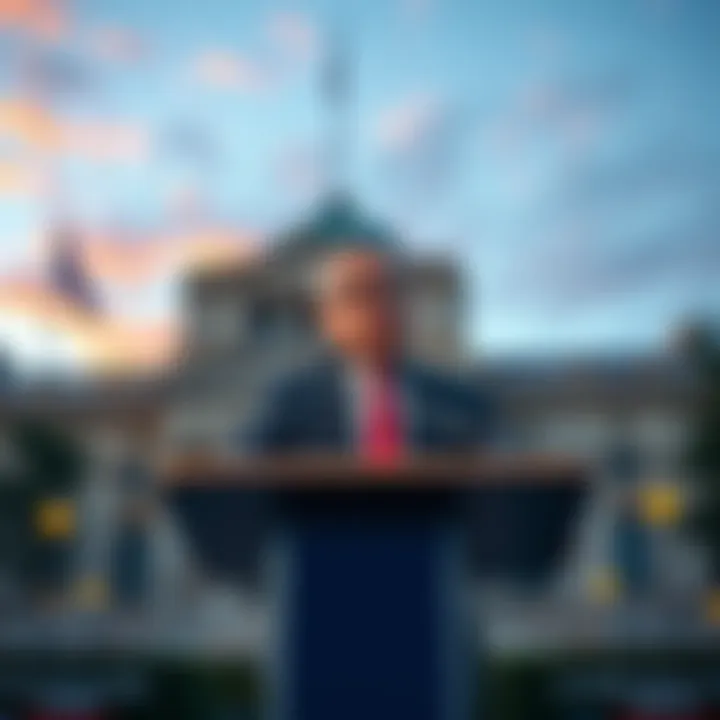 A politician speaking at a podium about new tax policy in New Zealand, with a backdrop of the parliament building.