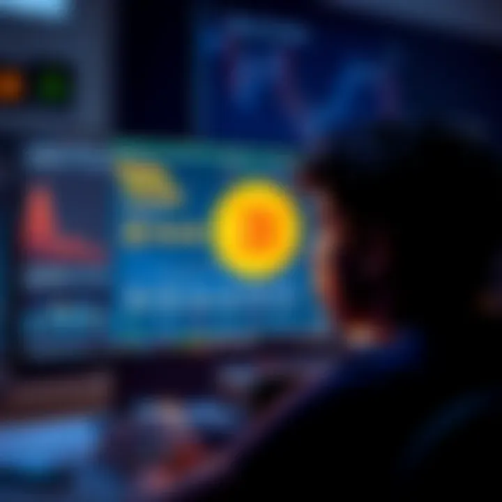 A person looking at a computer screen displaying Bitcoin wallet options and charts, showing curiosity and confusion about cryptocurrency.