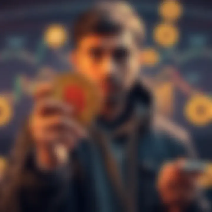 A person looks uncertain while holding a Bitcoin, surrounded by charts and wallet symbols, representing their entry into the crypto world.
