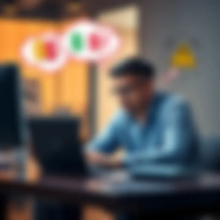 A concerned newcomer sitting at a desk, looking at a laptop, with thought bubbles showing symbols of scams like money signs and warning signs.