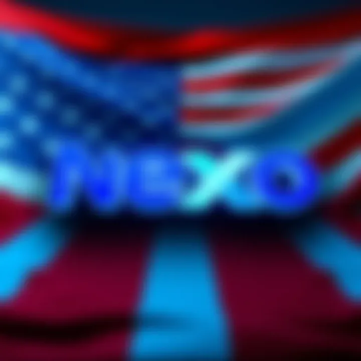 Nexo logo with a backdrop of the US flag, symbolizing its comeback in the US market