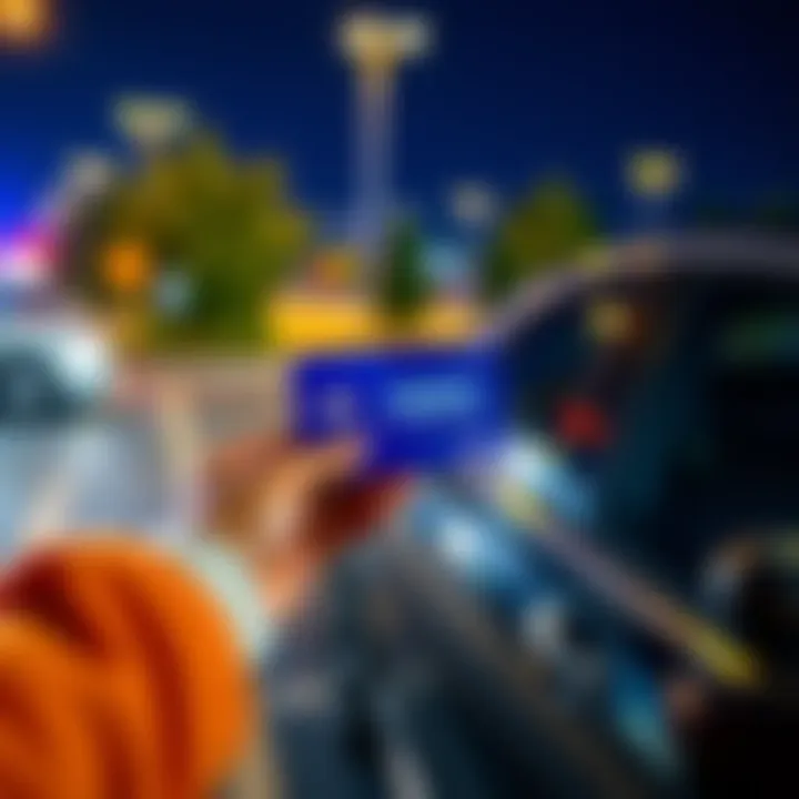 A person holding a Nexo card near a rented car, showcasing the card's use for car rentals.