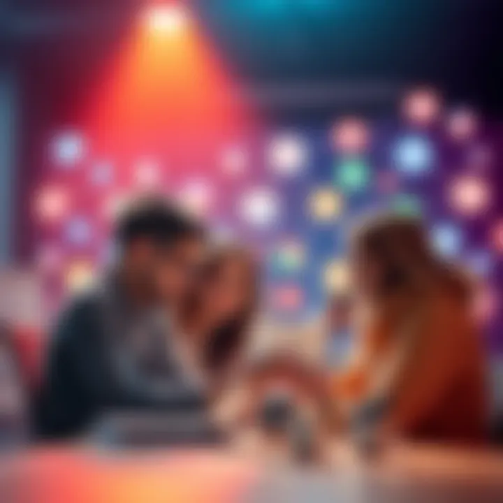 A small team of creators collaborating on a digital strategy for their NFT launch, with social media icons in the background representing various platforms.