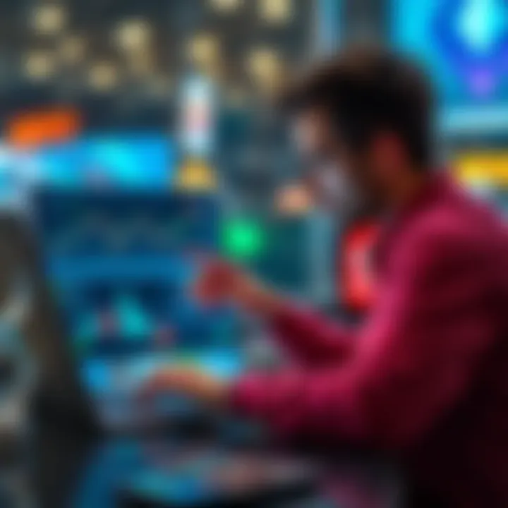 A person analyzing financial data on a laptop with NFT artwork displayed on the screen