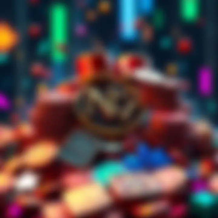 A digital artwork symbolizing NFTs with various colorful tokens, showcasing their relevance or decline in 2025.