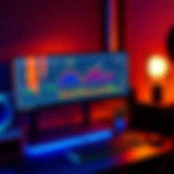 A computer setup with NiceHash mining software open, showing graphs of cryptocurrency performance and mining statistics.