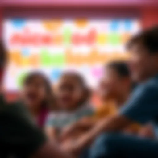 A group of children watching a Nickelodeon show, showing excitement and laughter, with colorful Nickelodeon branding in the background.