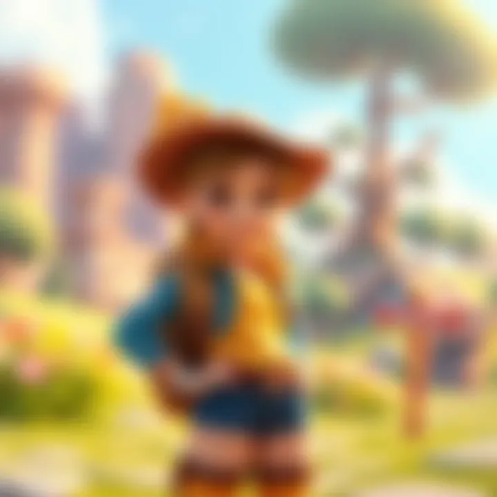Nikki showcases her new exploration outfit, featuring bright colors and a playful design, set against the vibrant world of Wishfield.