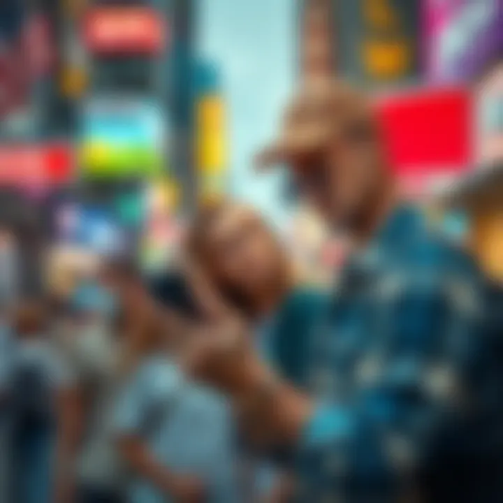 Traveler looking disappointed while searching for auctions on their phone in a busy USA street