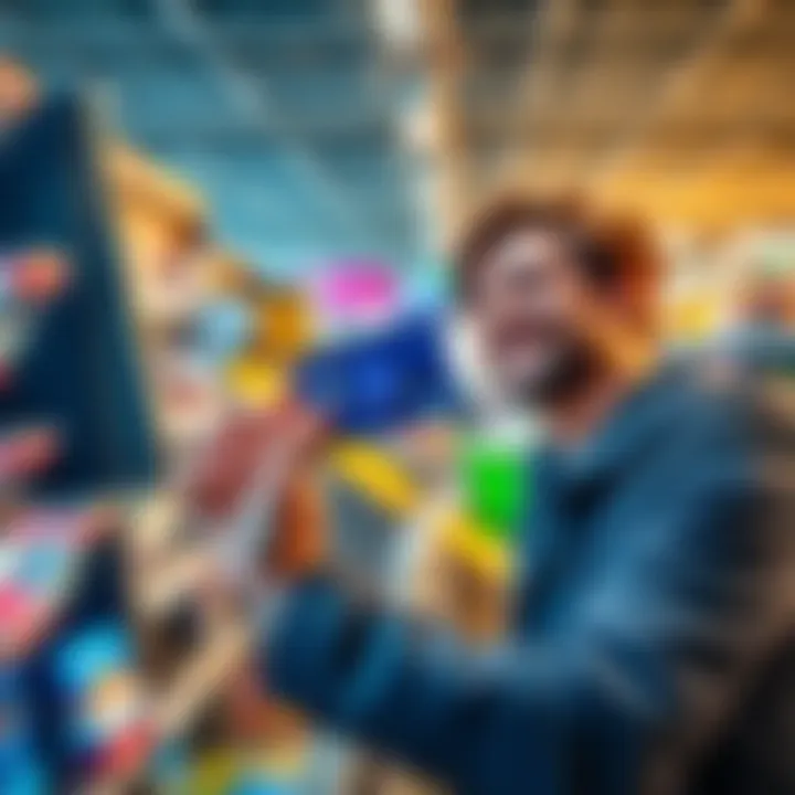 A person holding a crypto debit card at a store checkout, looking relieved with low fees displayed on the screen.