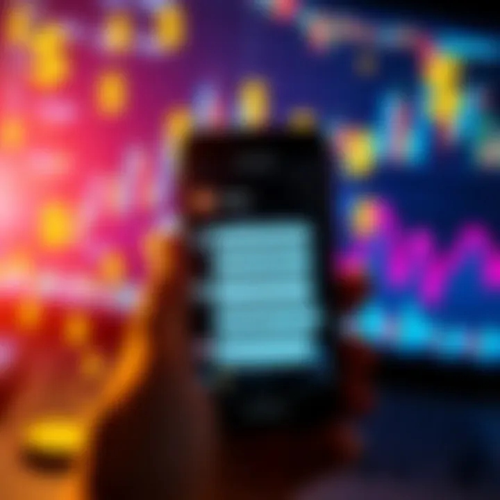 A phone screen showing chat messages about cryptocurrency investments with dollar signs and graphs in the background.