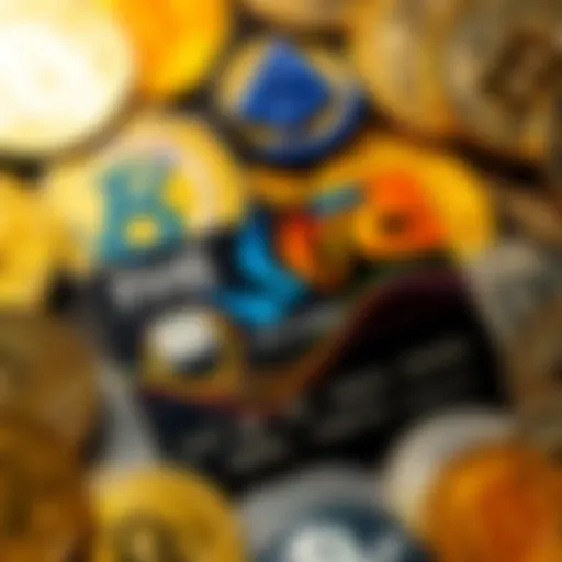 A close-up view of a non-custodial crypto card, showing a digital design and information about low fees, surrounded by various cryptocurrencies.