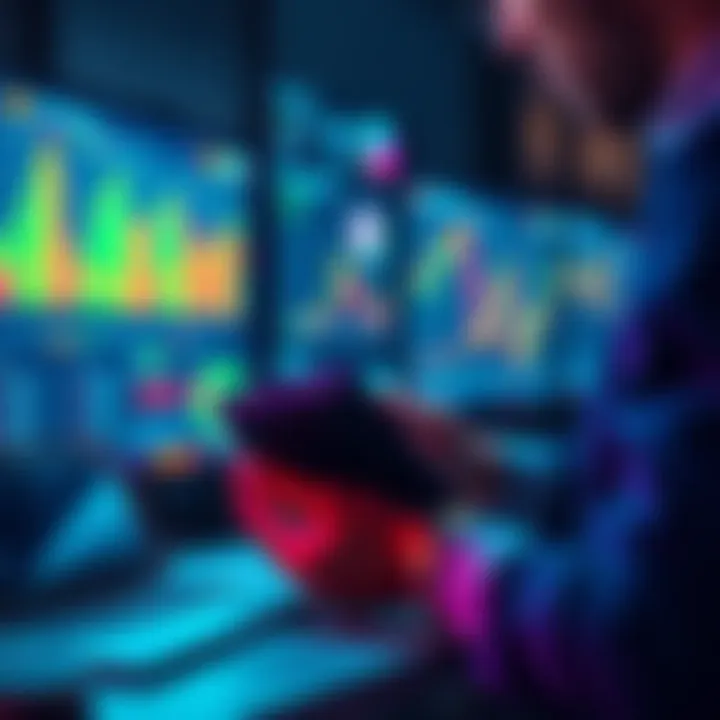 A person analyzing complex contracts associated with non-custodial services in decentralized finance, with a digital wallet and charts on a screen.