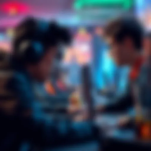 A competitive gaming scene showing inexperienced players facing off against seasoned gamers in a tense match, highlighting their contrasting skills and strategies.