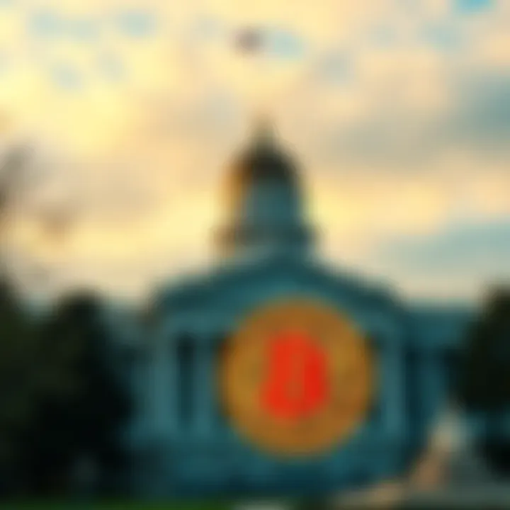 North Carolina state treasury building with Bitcoin symbol in foreground