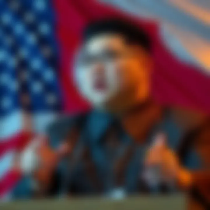 North Korea Threatens US A North Korean official making a statement about crypto hacking accusations, with a backdrop of the US flag.