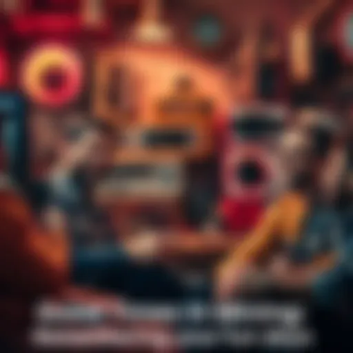 A group of people reminiscing about mining days, discussing graphics cards and sharing laughter, with a backdrop of old mining equipment and computer setups.