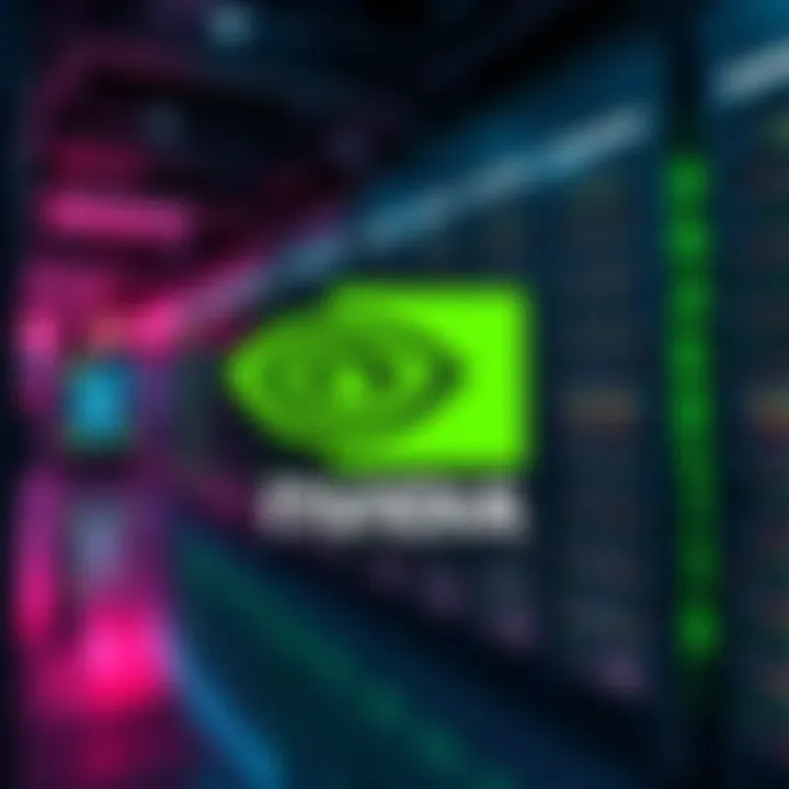 NVIDIA logo with a background of AI data centers and digital graphics representing advanced technology