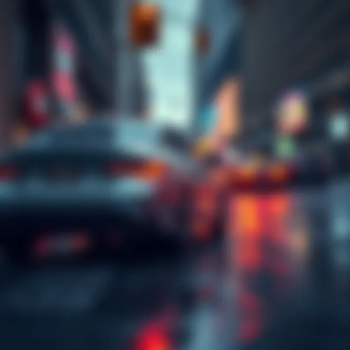 A car with all-season tires on a wet street in New York City, showcasing reliability in rain and snow conditions