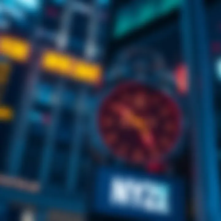 A digital representation of the NYSE logo alongside a clock symbolizing round-the-clock stock trading.