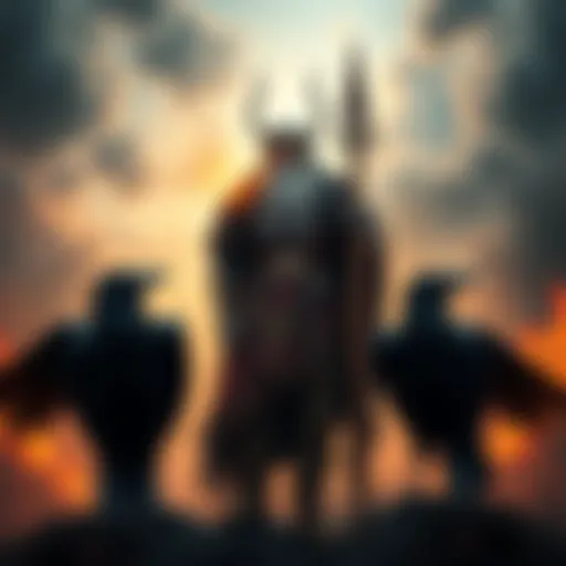 Odin, the Norse god, stands with his spear, flanked by two ravens, symbolizing wisdom and war