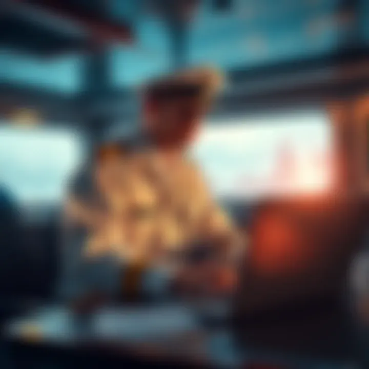 A third officer on a ship planning to invest monthly in Bitcoin, with a laptop and financial charts visible