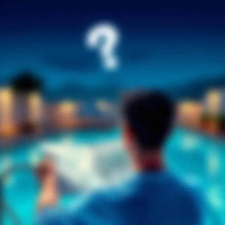 A person looking at a map with a question mark above their head, questioning OG pool options, with a background of water and pool graphics.